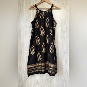 Lapogee Gold Leaf Dress Size Large Spaghetti Strap Sundress Tropical Black Lined